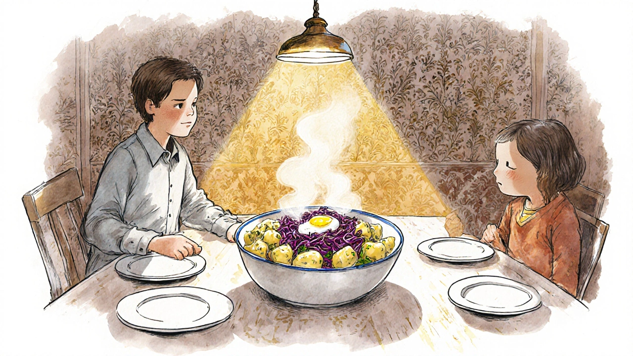 Rodina si společně užívá bramborovou kaši s kyselým zelím a vejcem.