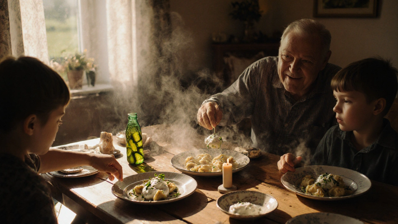 Rodina si společně užívá horké dukátky s kyselou smetanou u stolu.