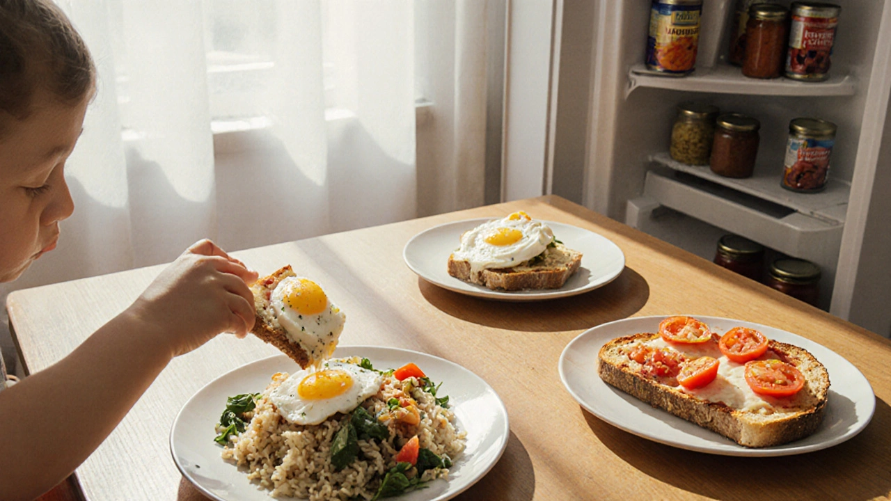 Rodina večeří na dřevěné stolce s rychlými jídly: rýží s vejci, chlebem s tvarohem a pizzou z pečiva.