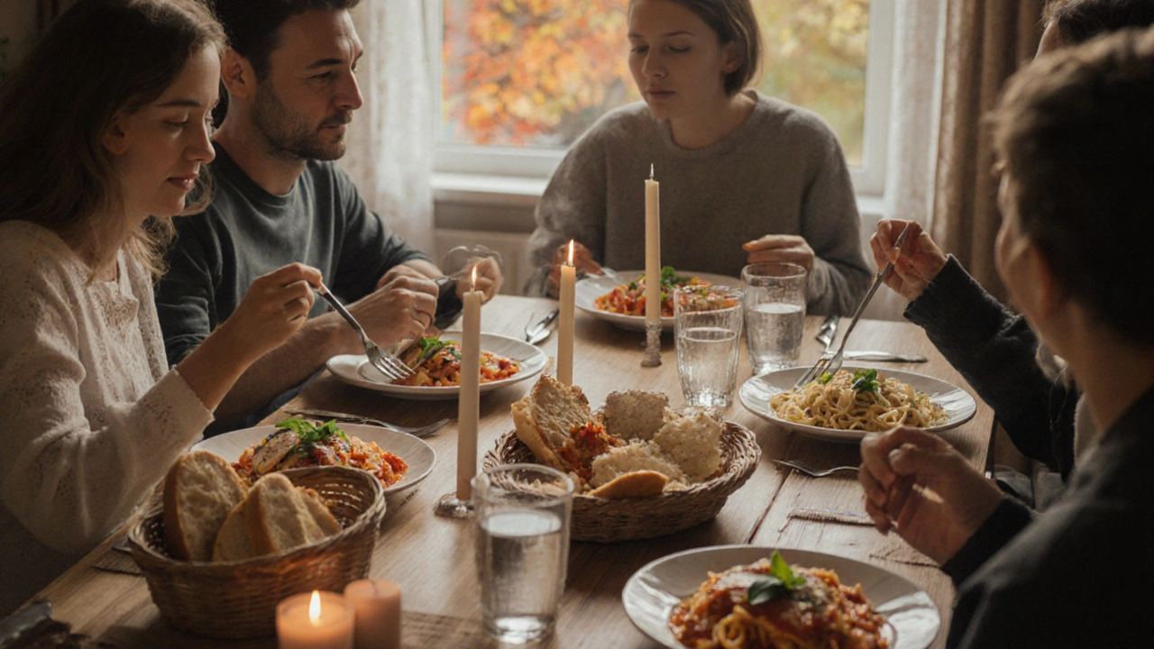 Rodina večeří u stolu s těstovinami, rýží a pstruhem v teplém osvětlení.