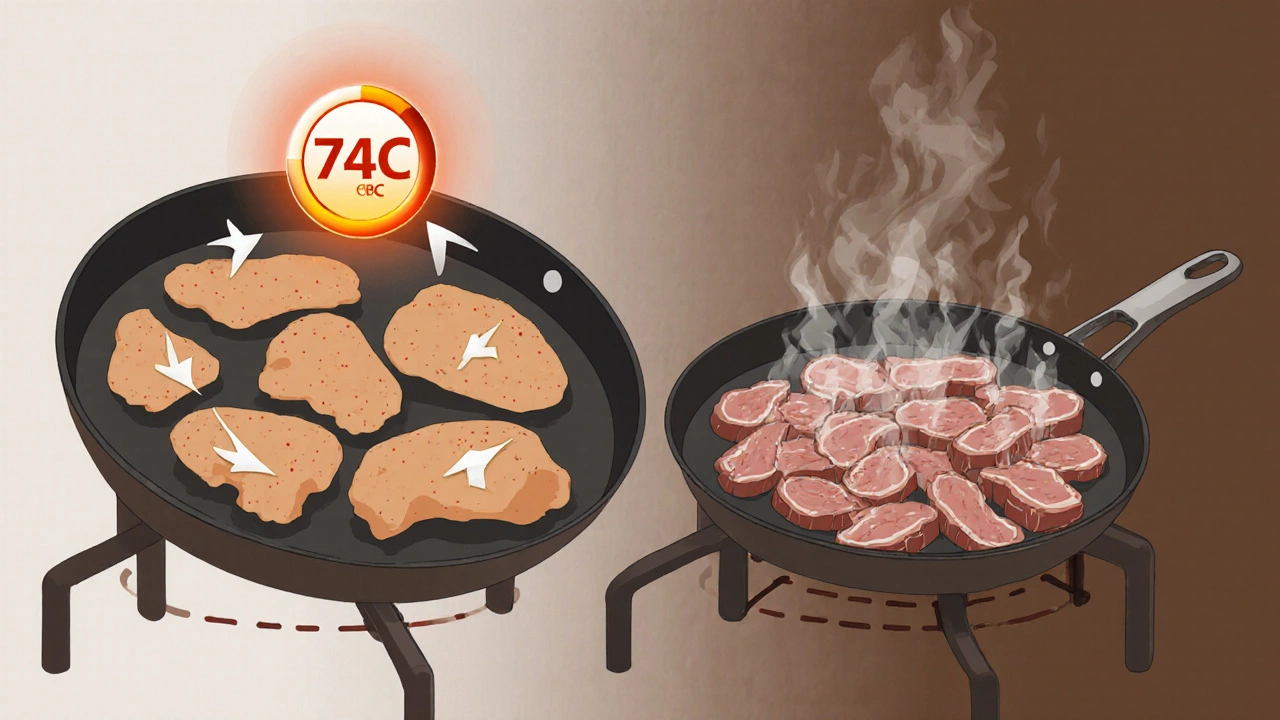 Rovnoměrné vaření kuřecího masa na pánvi proti přetížení