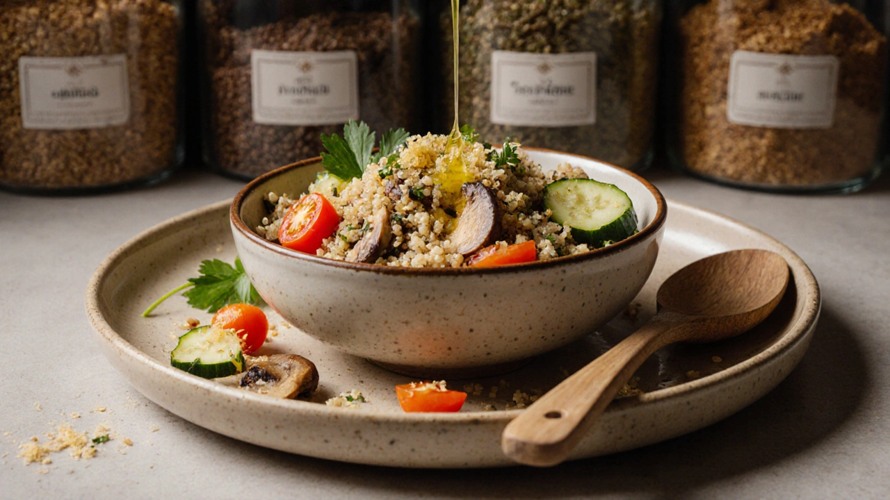 Salát z quinoy s pečenými houbami, rajčaty a petrželkou na keramickém talíři.