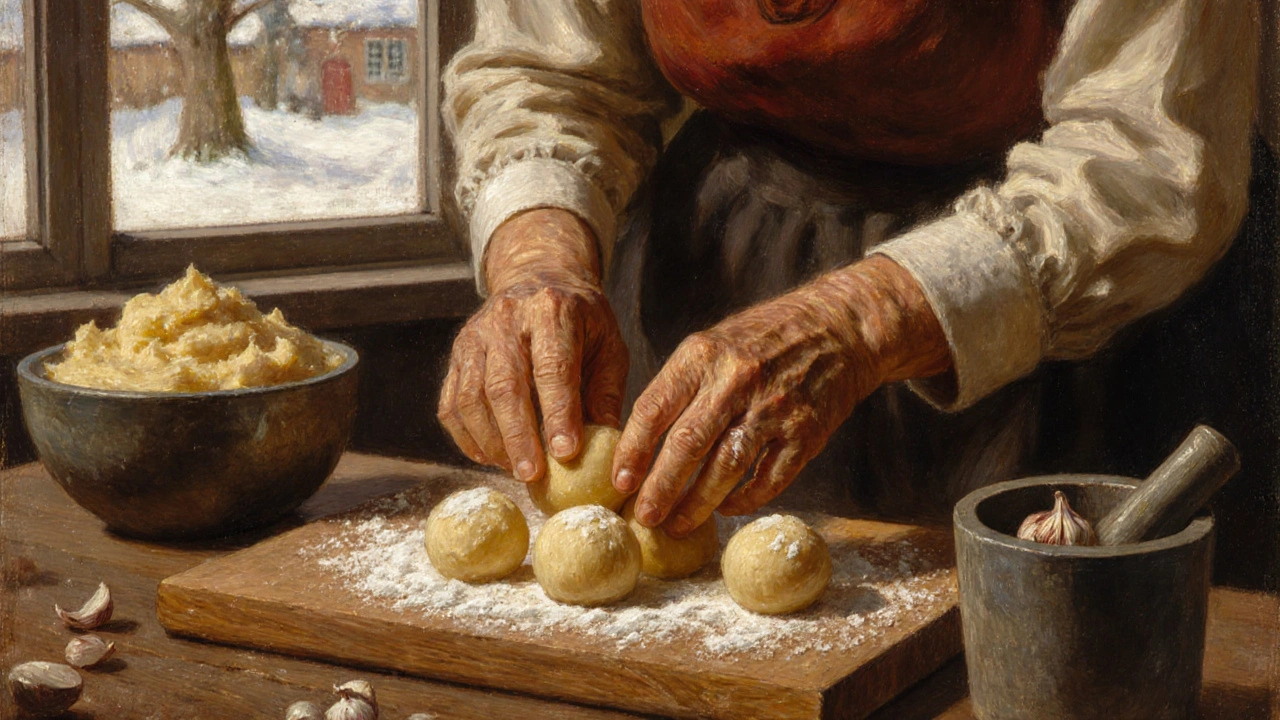 Stará česká babička tvaruje bramborové těsto na dřevěné desce.