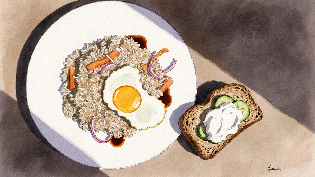 Talíř s rýží, vejci a zeleninou vedle kousku chleba s tvarohem a okurkou.