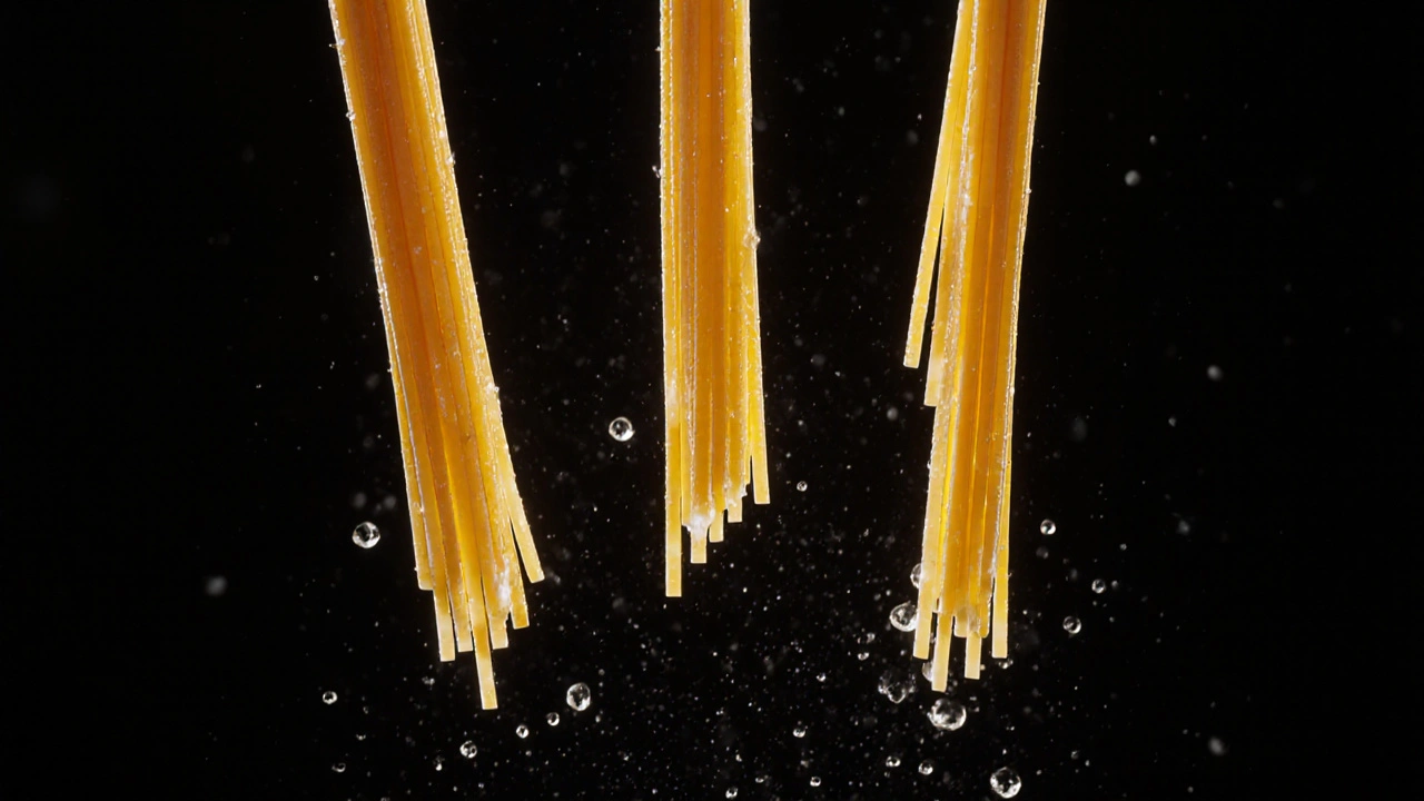 Tři těstoviny v různých stádiích vaření: syrová, převařená a al dente.