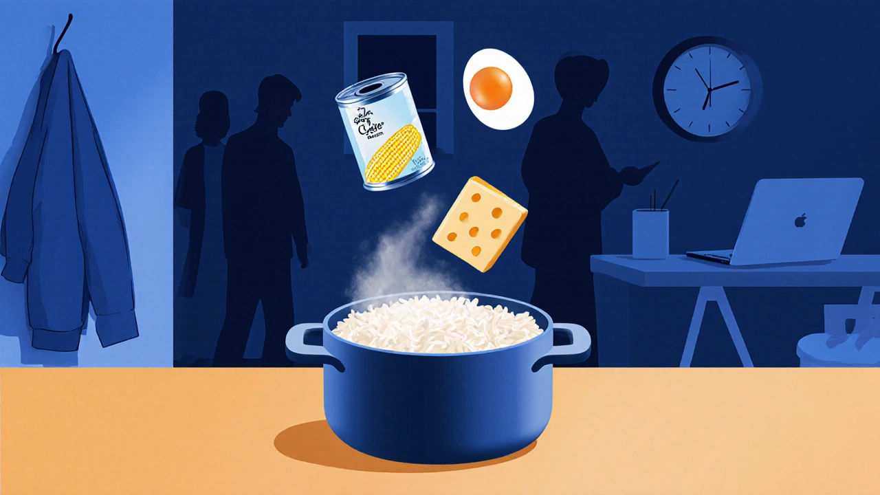 Tři základní ingredience ve vzduchu nad rýží, symbolizující rychlé jídlo z minimálních surovin.