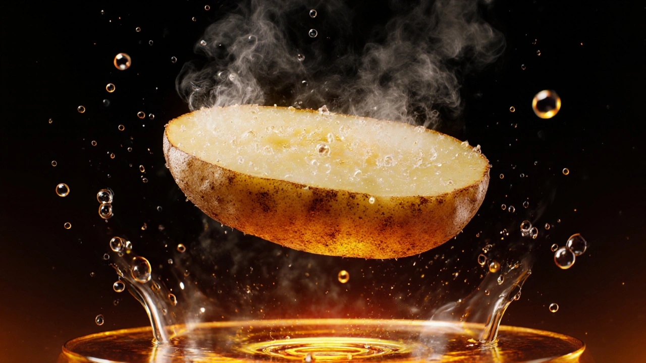 Vnitřní proces smažení: odpařování vody a tvorba křupavé kůrky.