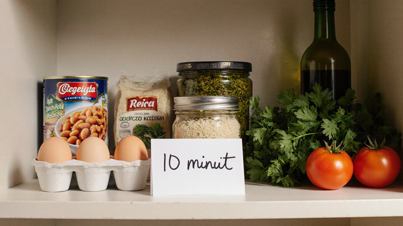 Základní suroviny pro rychlý oběd na poličce kuchyně