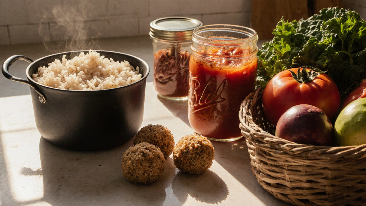 Zbytky jídla přeměněny na nové pokrmy: rýžové kuličky, domácí omáčky a tržní produkty.