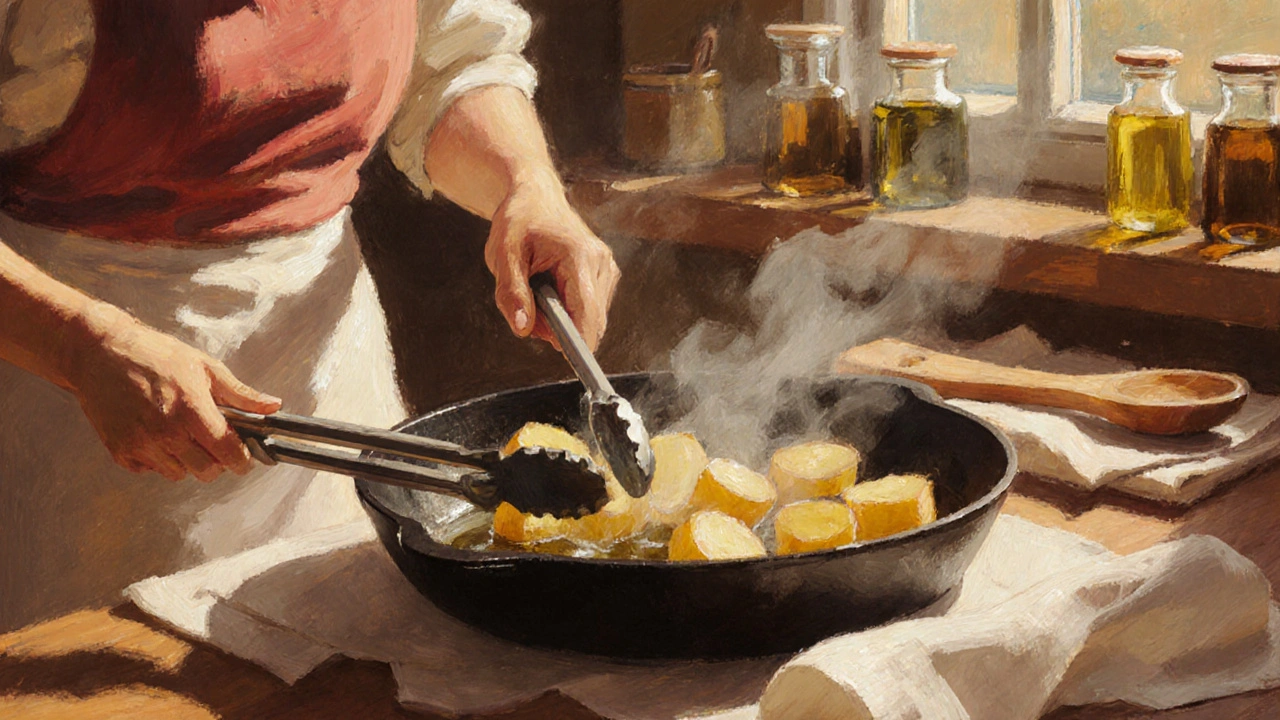 Žena smaží brambory v klasické české kuchyni na pánvi.