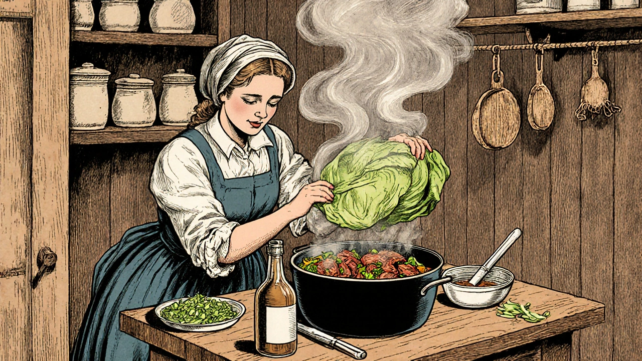 Žena v klasickém českém šále pokrývá hrnec listem zelí před vařením poduseného jídla.
