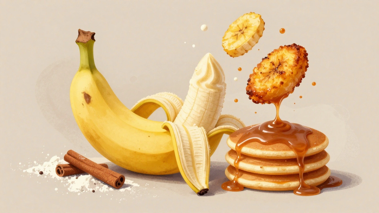 Banán přeměněný na smoothie, smažené plátky, pečený kus a omáčku na palačinky.