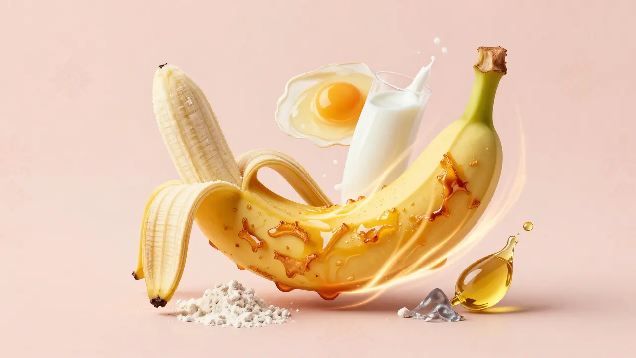 Banán rozdělený na syrovou a smaženou polovinu s kulinářskými ingrediencemi kolem.