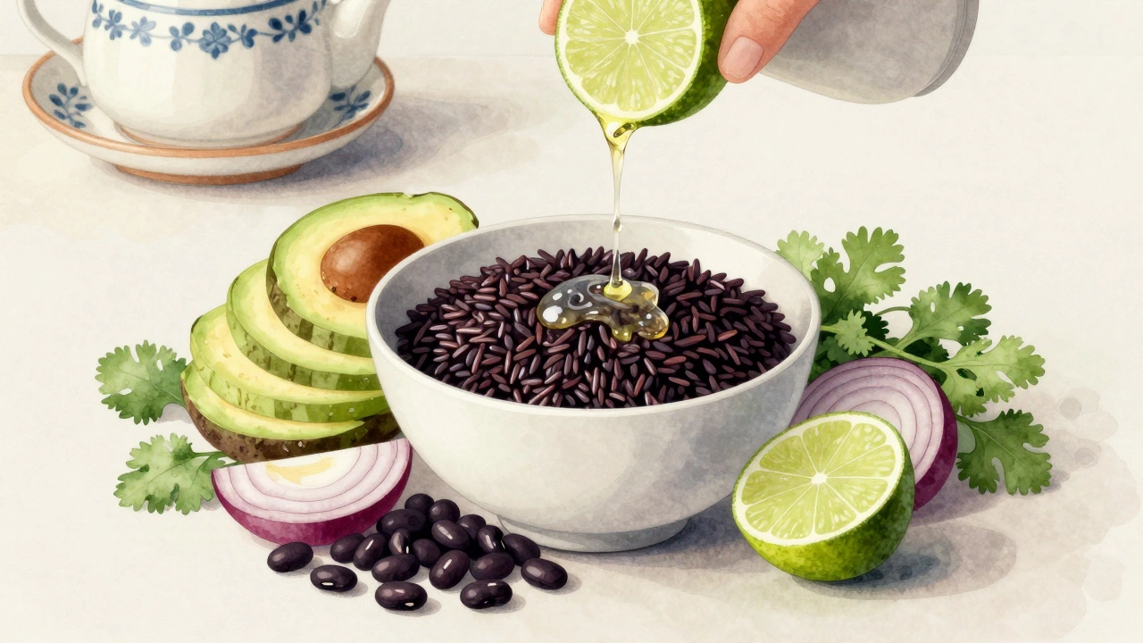 Černá rýže s avokádem, fazolemi a koriandrem, připravená pro vegetariánskou stravu.