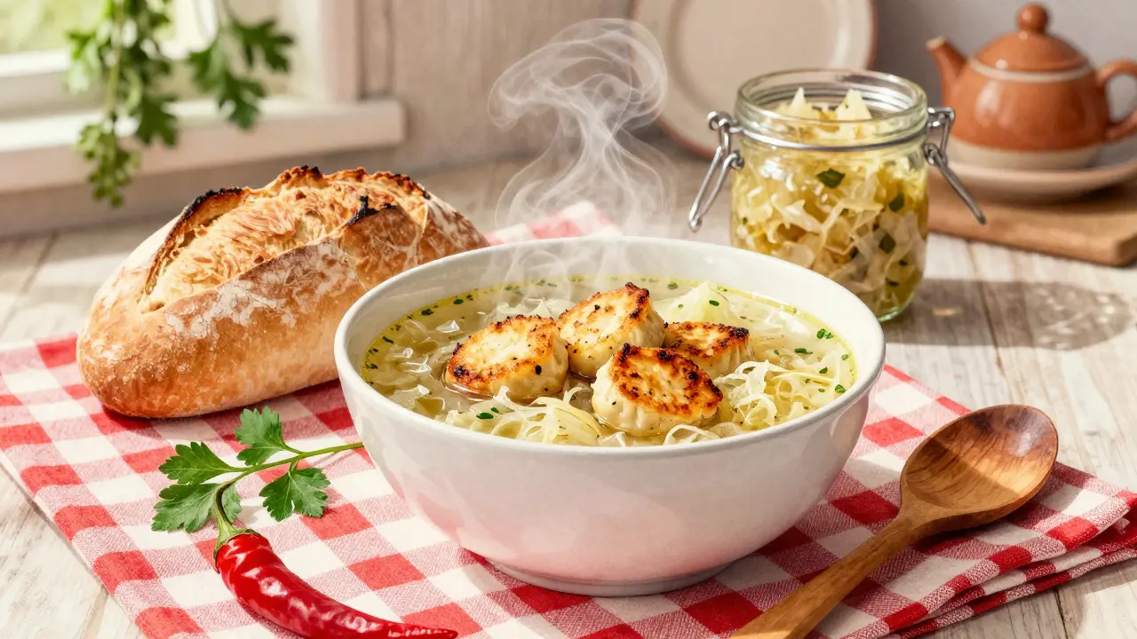 Česnekový zelňák s těstovinovými knedlíky a čerstvým chlebem na stole.