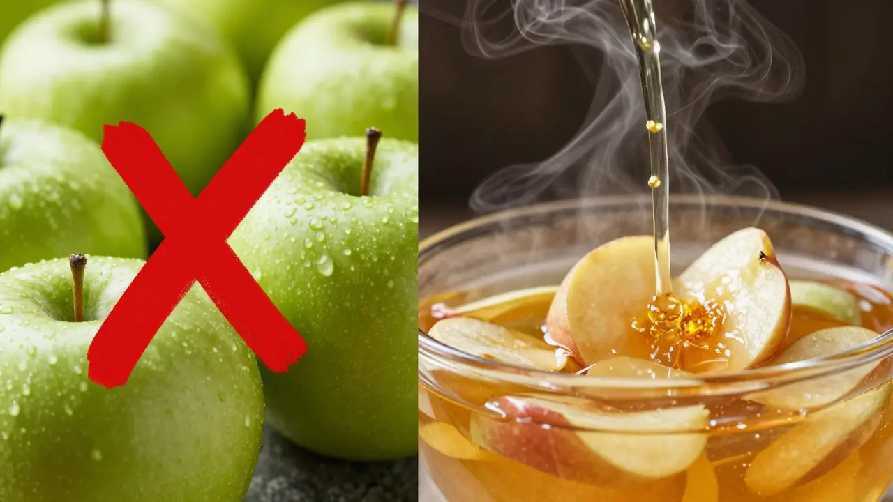 Dvě strany: kyselá jablka s křížkem a sladké jablečné výrobky s zlatými čárami.