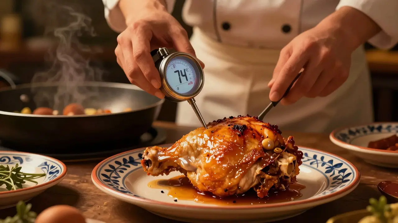 Kuchař měří teplotu kuřecího stehýnka teploměrem ukazujícím 74 °C.