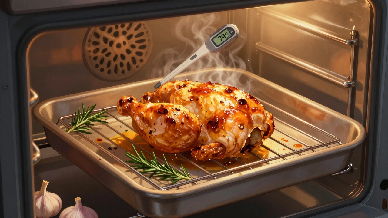 Kuřecí prsa pečená na mřížce v troubě, zlatavá kůže a teploměr ukazující 74 °C.