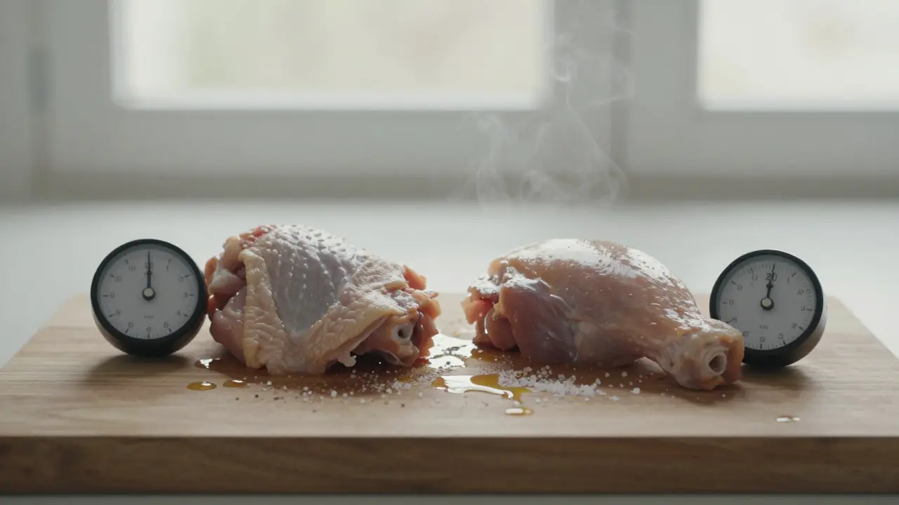 Kuřecí prsí a stehýnko na desce s časovači a solí, zdůrazňující rozdílný čas vaření.