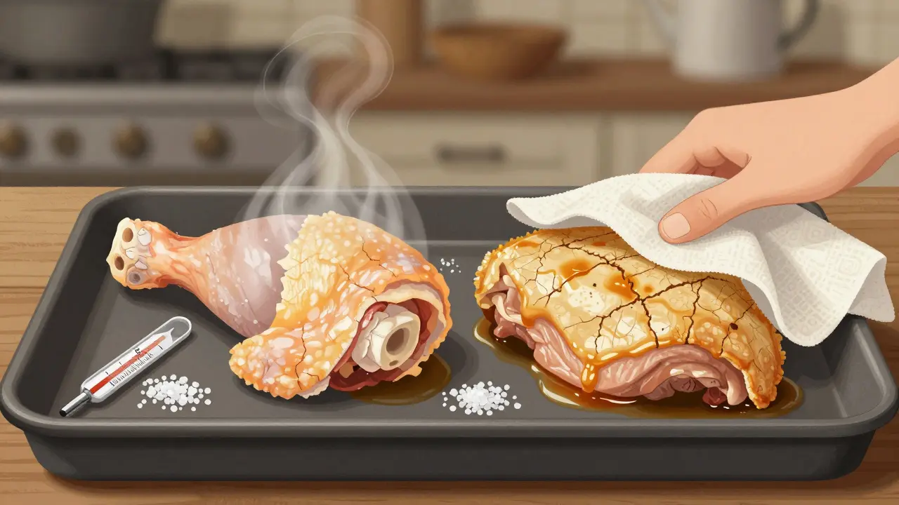 Kuřecí stehno a prsa vedle sebe: jedno šťavnaté, druhé suché, s teploměrem a sůlou.