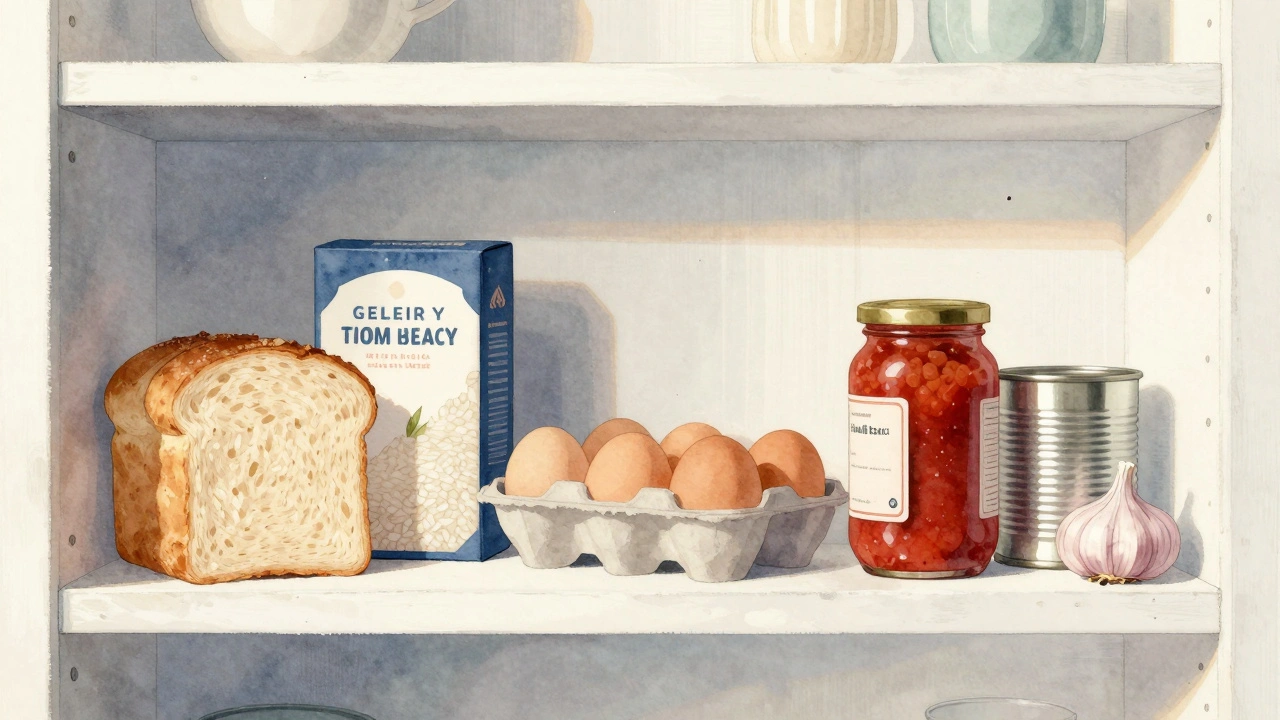 Minimální police s základními potravinami: chléb, rýže, vejce, rajčatová pasta a fazole.