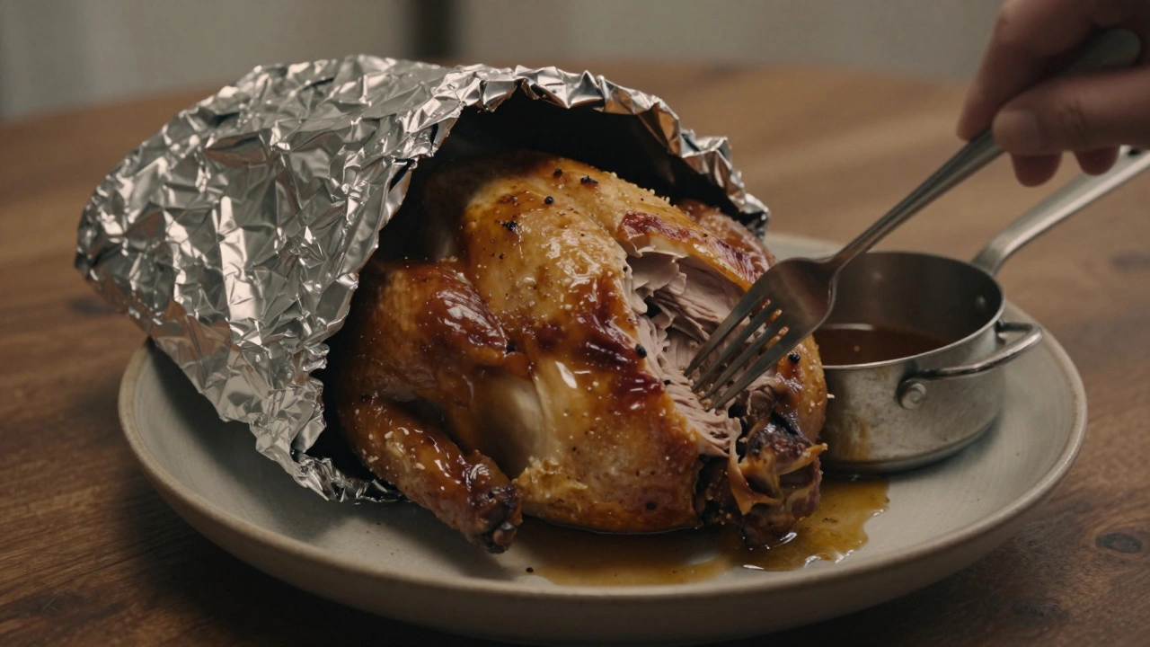 Orestované kuře odpočívající pod fólií, šťávy se shromažďují pod masem.