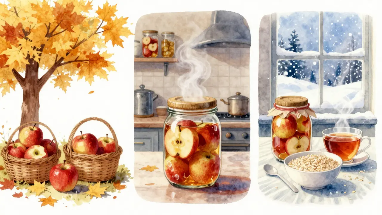 Přechod z podzimního sklizně k zimnímu užívání zakonzervovaných jablek ve sklenicích.