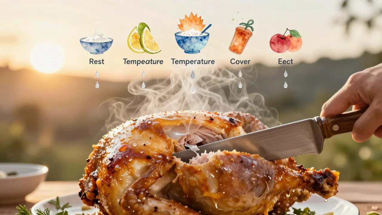 Řez kuřete ukazující šťavnaté maso, s párou tvarující kroky přípravy.