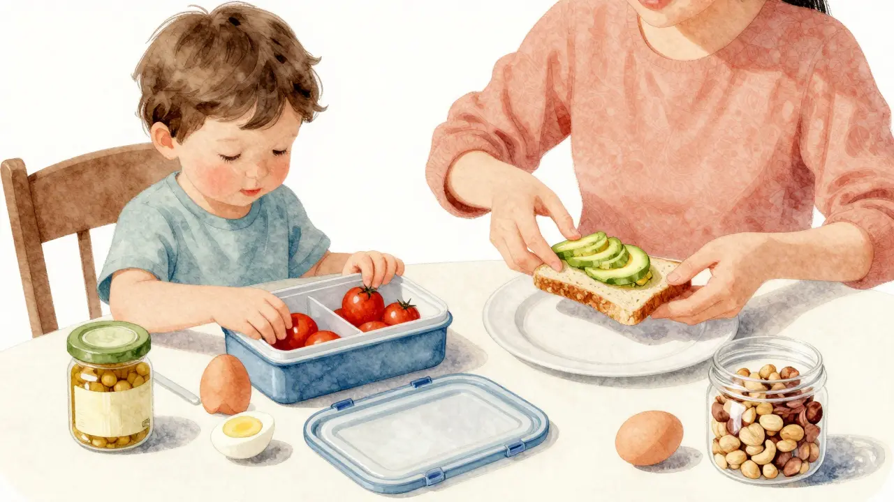 Rodina společně připravuje zdravé obědy: dítě klade rajčata do obědové krabice, rodič rozkládá avokádo na chléb.