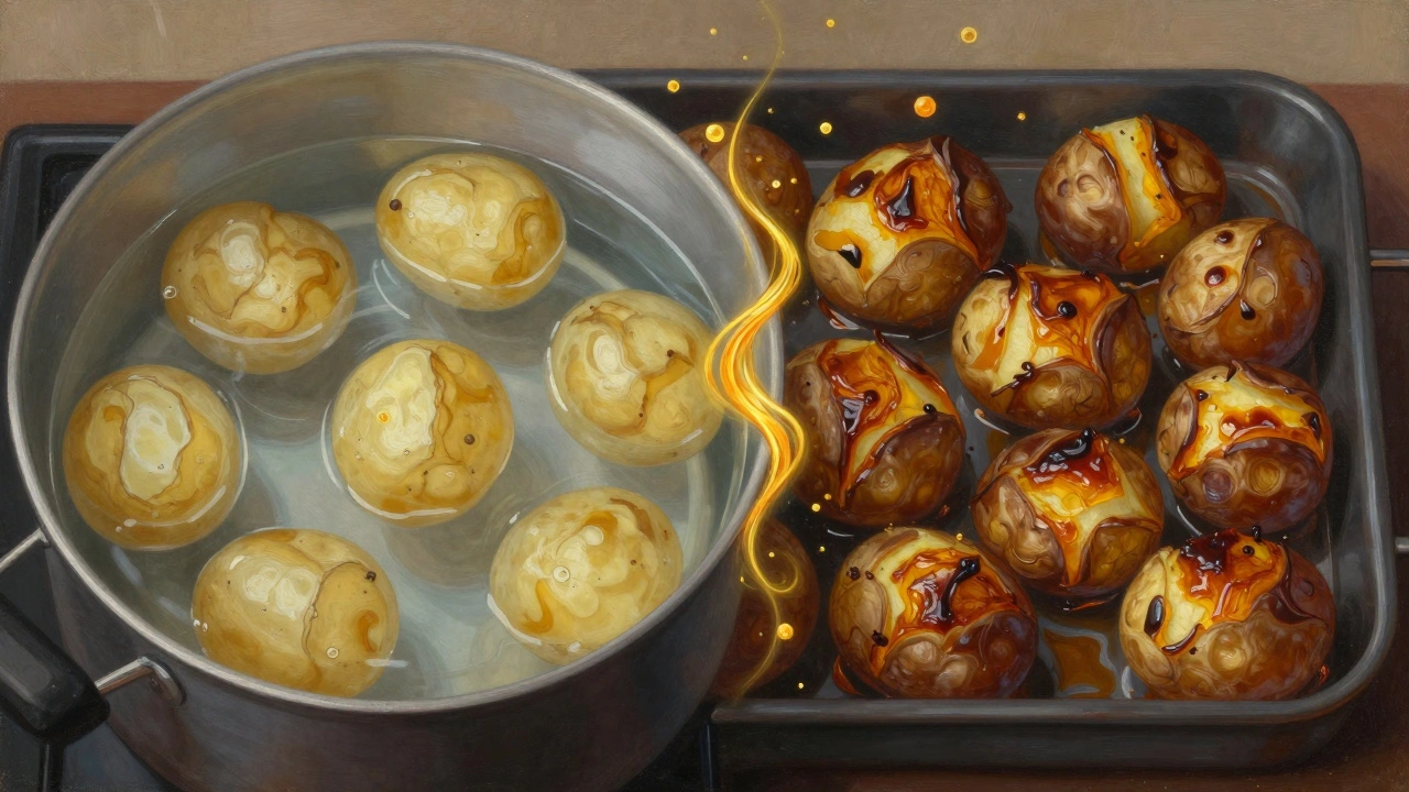 Rozdělený obrázek: vařené vs. pečené brambory s karamelizací.