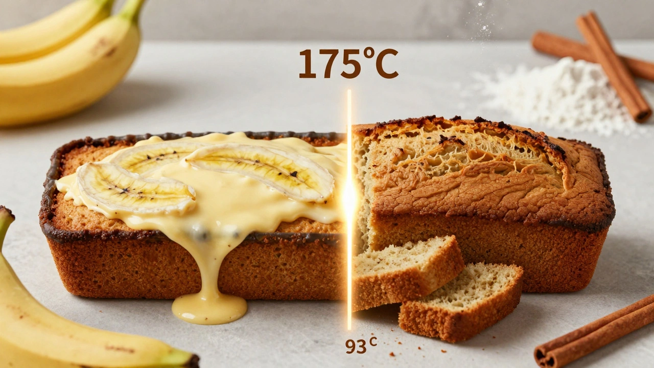 Rozdělený pohled na zralé banány a dokonale upékaný vnitřek chleba.