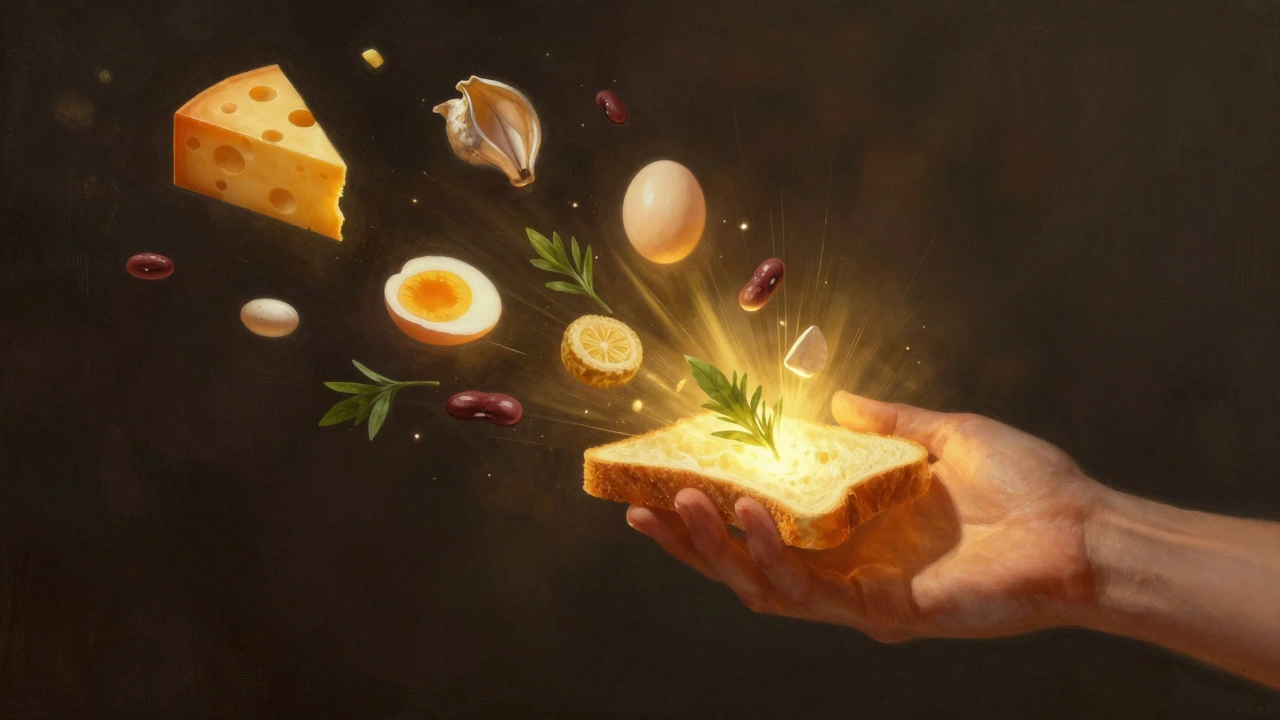 Ruka drží kousek chleba, kolem něj se vznášejí ikony sýra, vajec a bylinek jako symboly přeměny prázdniny v bohatství.