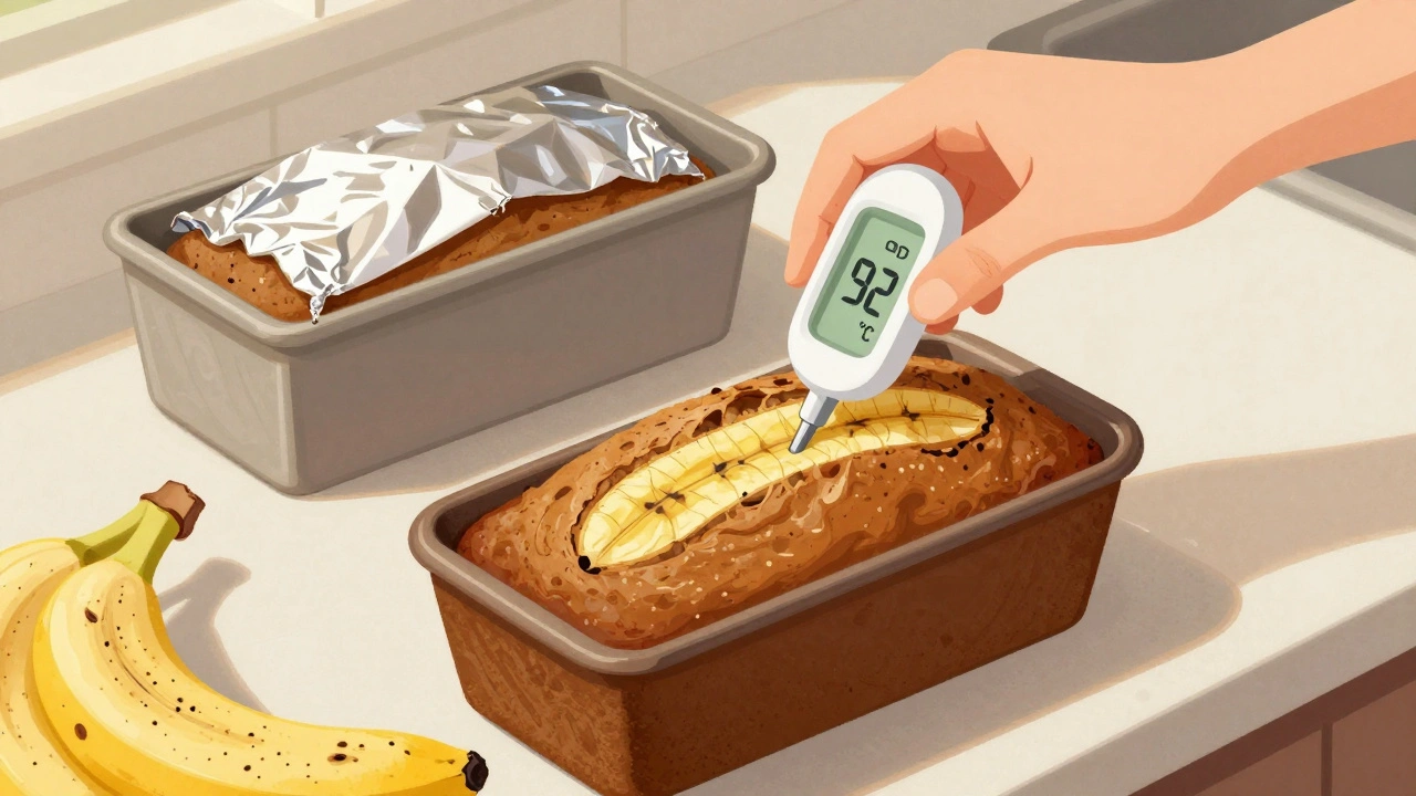 Ruka s teploměrem v banánovém chlebě ukazující teplotu 92 °C.