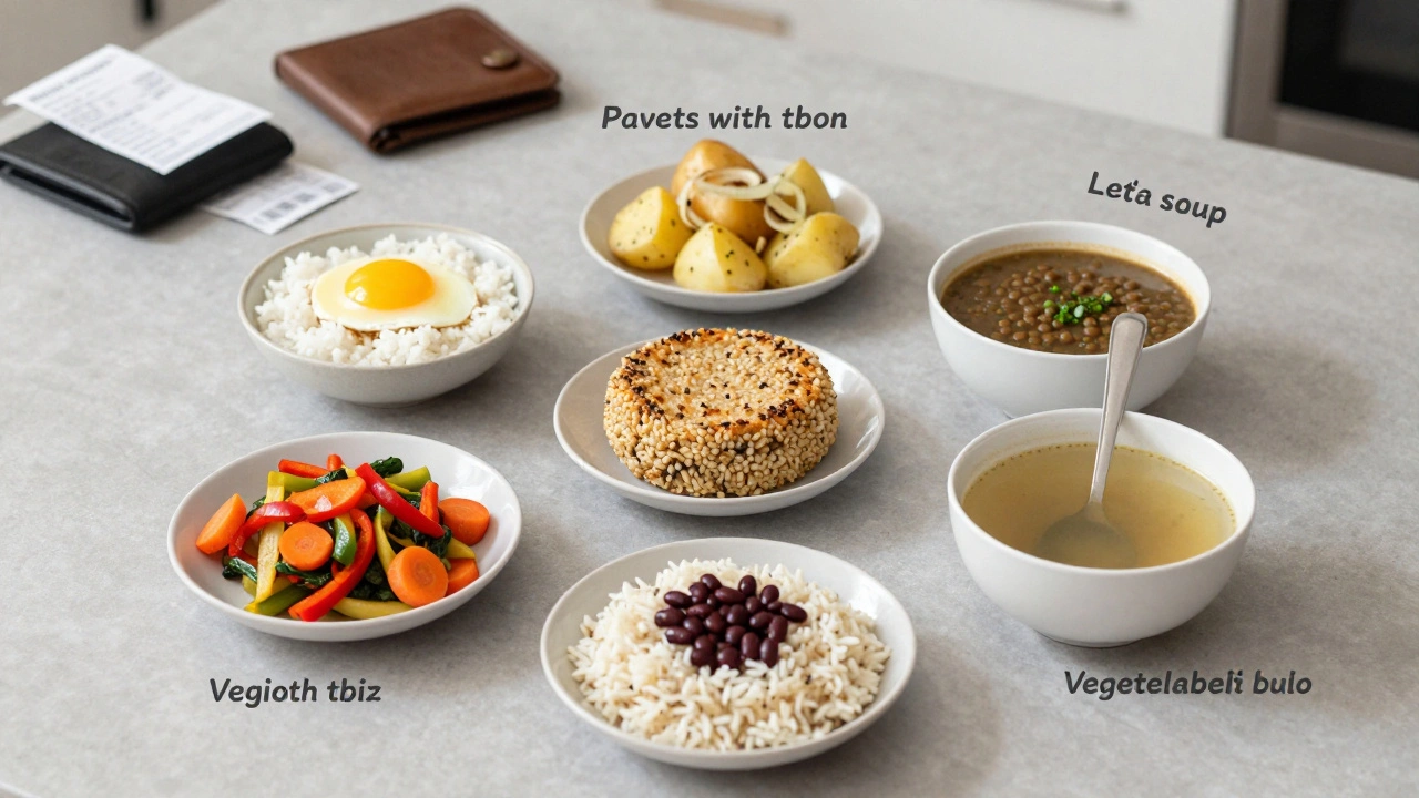 Sedm jednoduchých obědů uspořádaných v kruhu: rýže s vejci, brambory, čočka, fazole, polévka.