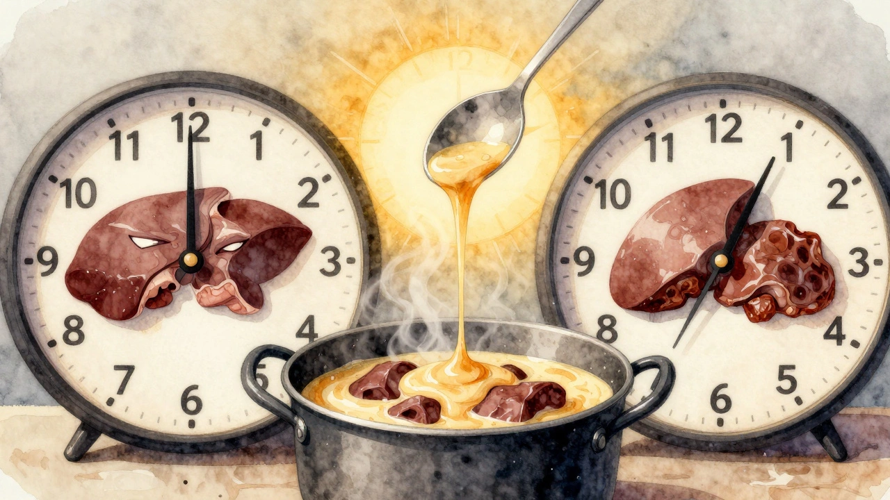Symbolický obraz ideálního času vaření játrové omáčky: 47 minut, kdy se játra změkčí a vytvoří dokonalou omáčku.