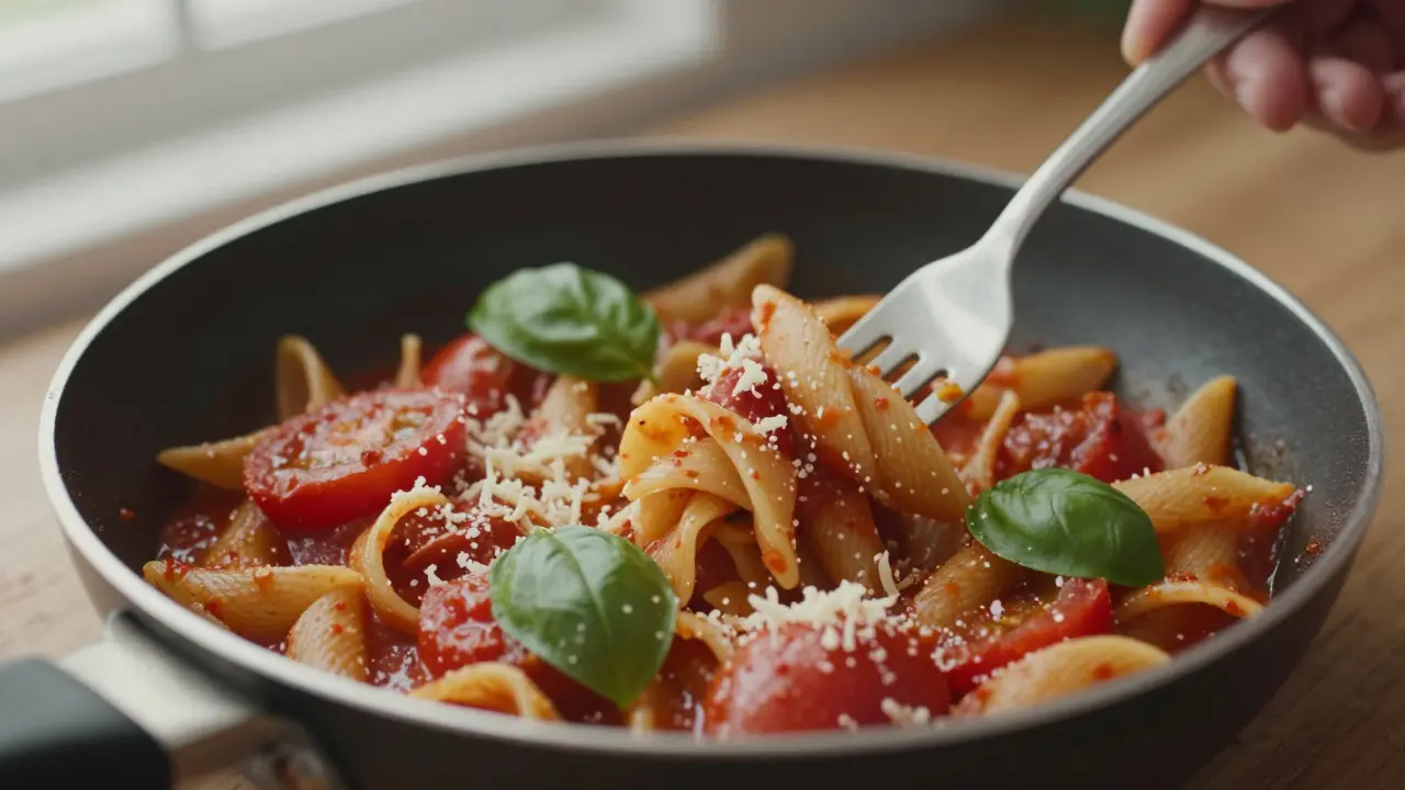 Těstoviny s rajčaty a bazalkou v pánvi, sýr na vrcholu a čerstvá bylinka.