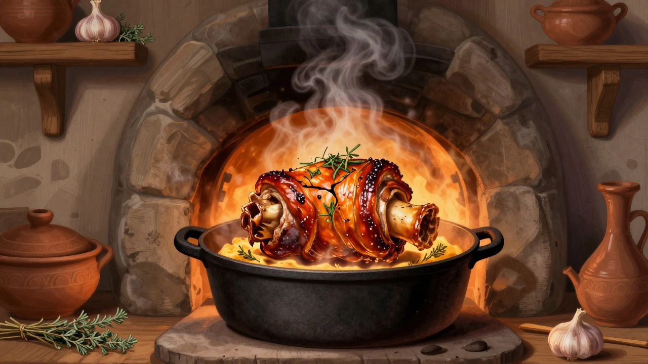 Tradiční česká troubou s pečeným vepřovým kolénkem a bylinkami.