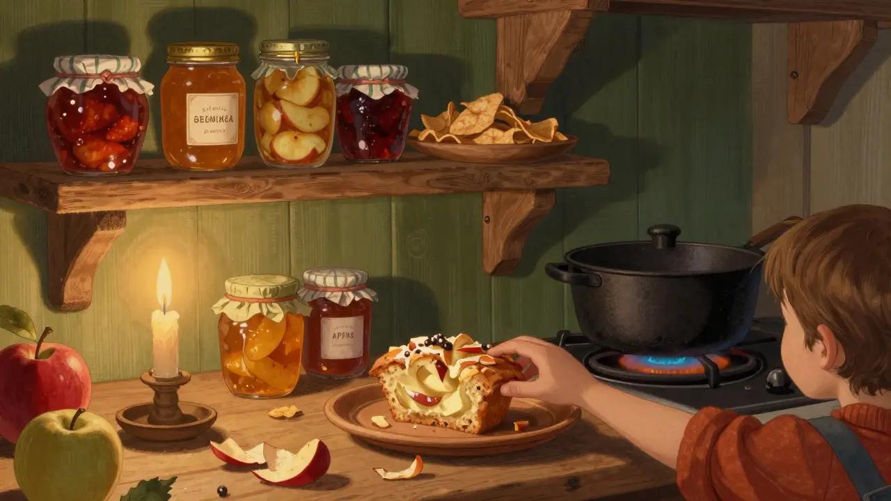 V české kuchyni jsou na polici sklenice s jablečným džemem, sirupem a čipsy.