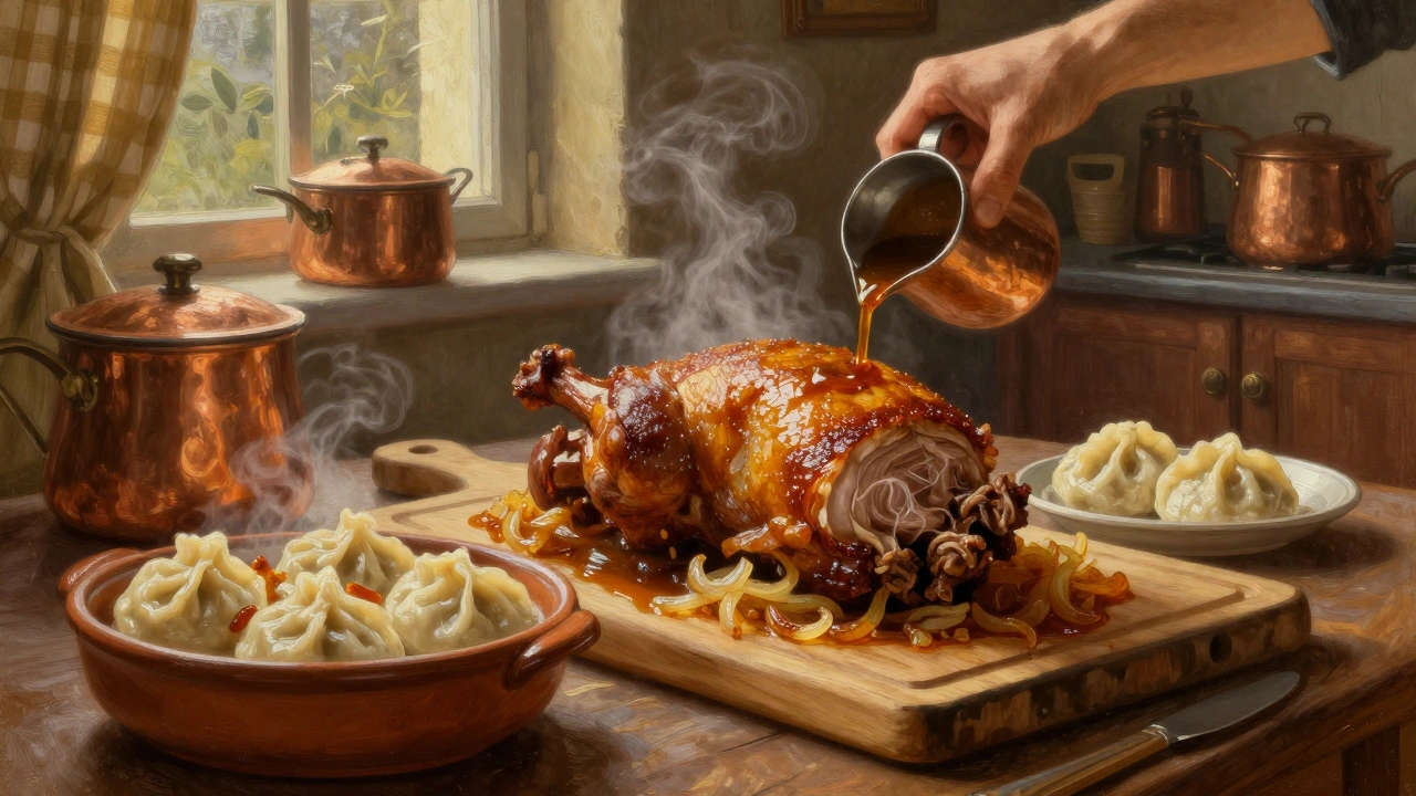 Vepřová pečeně s kroupami a cibulí na dřevěné desce v klasické české kuchyni.