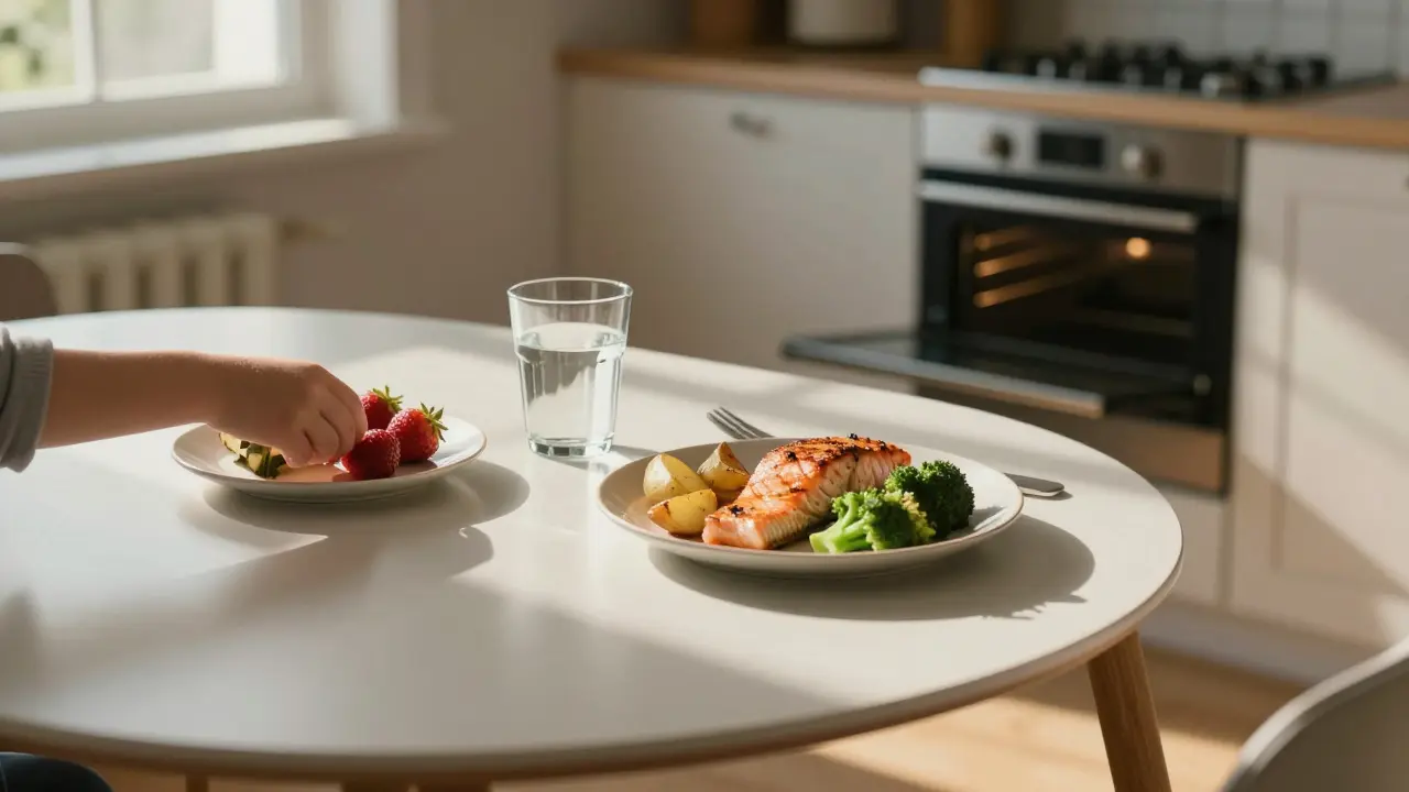 Zbytky nedělního oběda na stole s jahodami a slunečním světlem z okna.