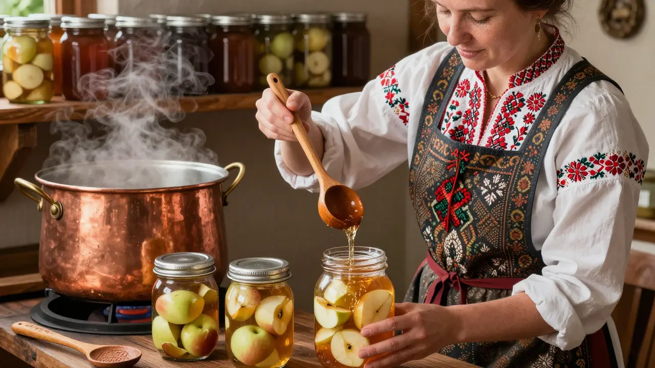 Žena naplňuje sklenice celými kousky jablek teplým sirupem v tradiční české kuchyni.