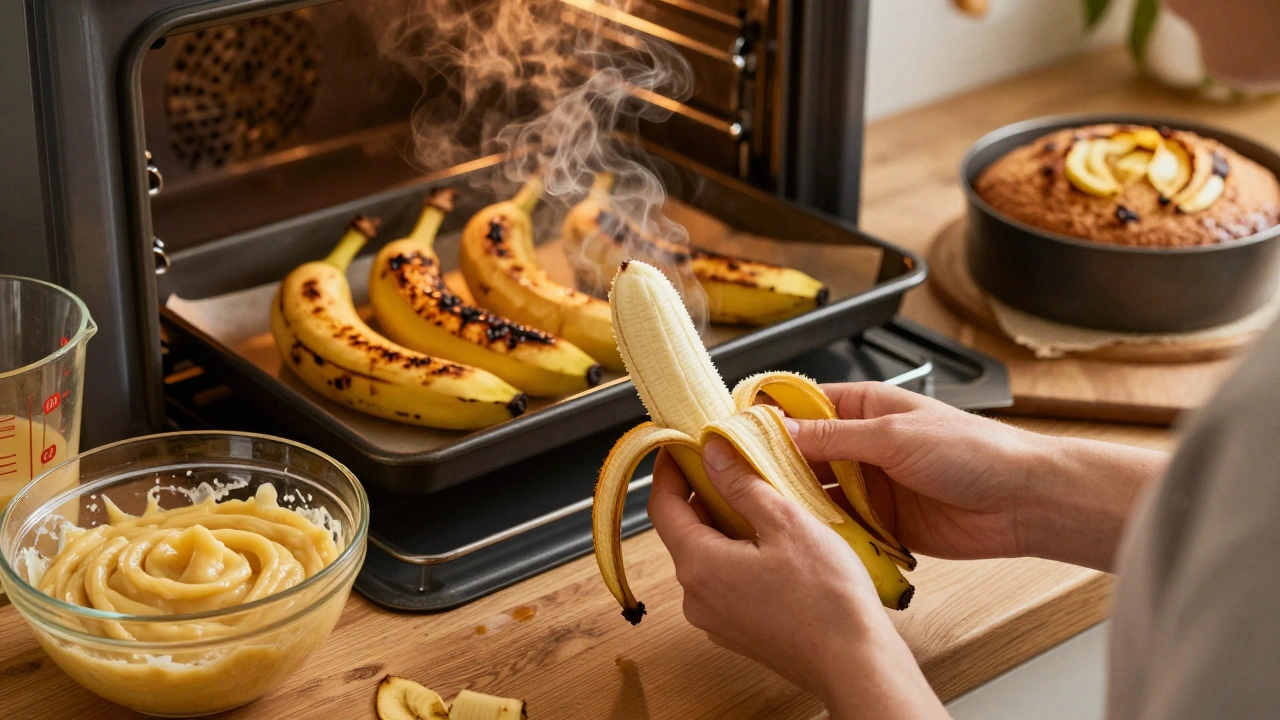 Žena olupuje banán ze spodního konce v české kuchyni, v troubě pečoucí banány.