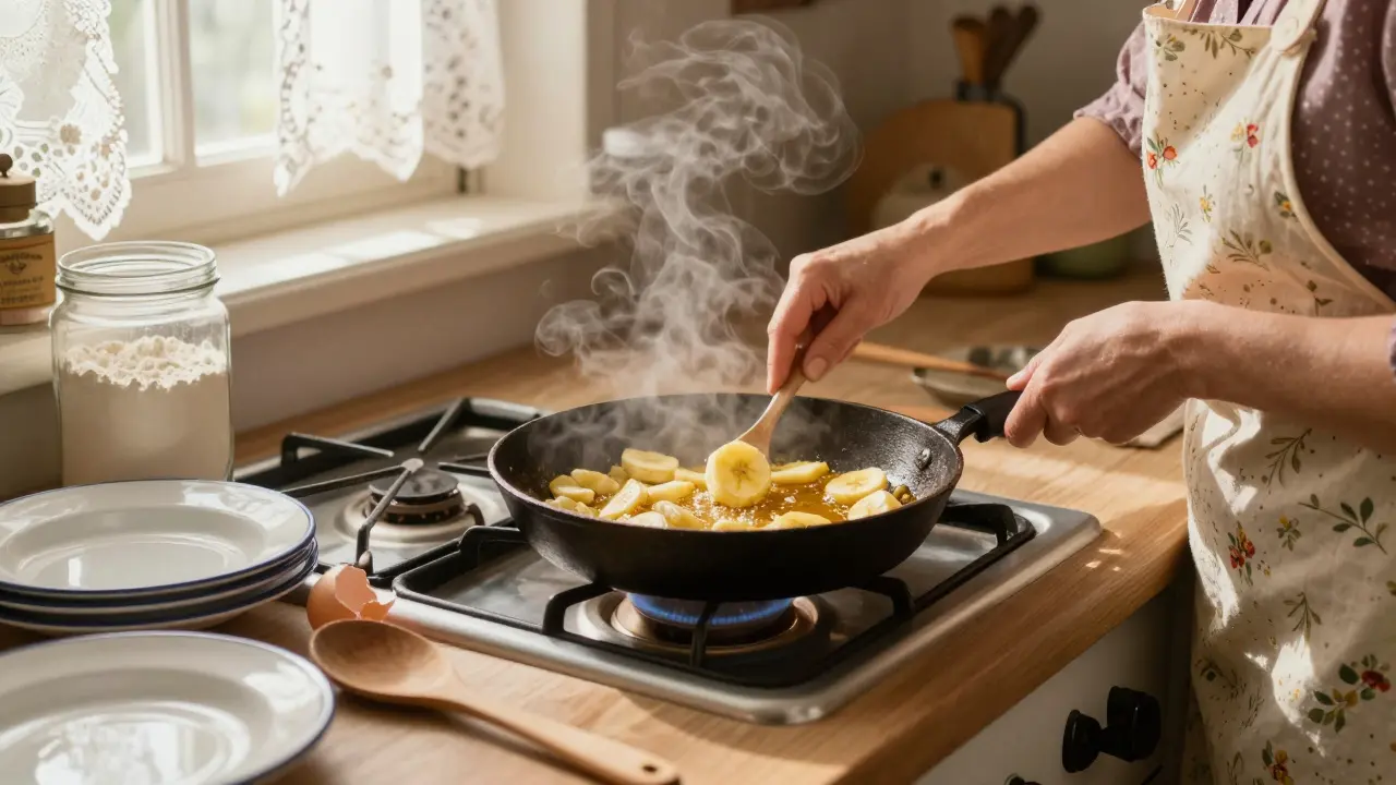 Žena v květinatém aprónu smaží banány v kuchyni ve stylu 60. let.