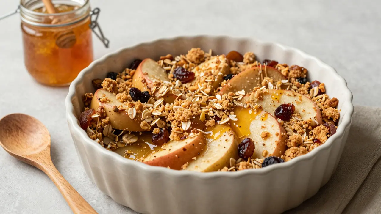 Beztěstové pečivo z ovesných vloček a sušených ovoce s pečenými jablky.