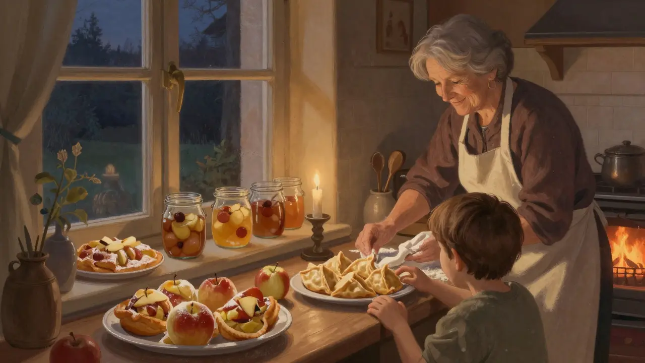 Česká kuchyně s pečenými jablky na okně a rodinou v teplém světle.