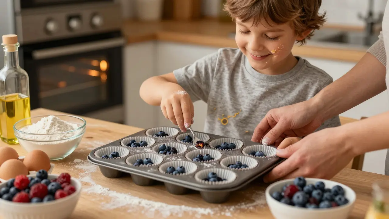 Dítě přidává borůvky do formiček s pomocí dospělého.