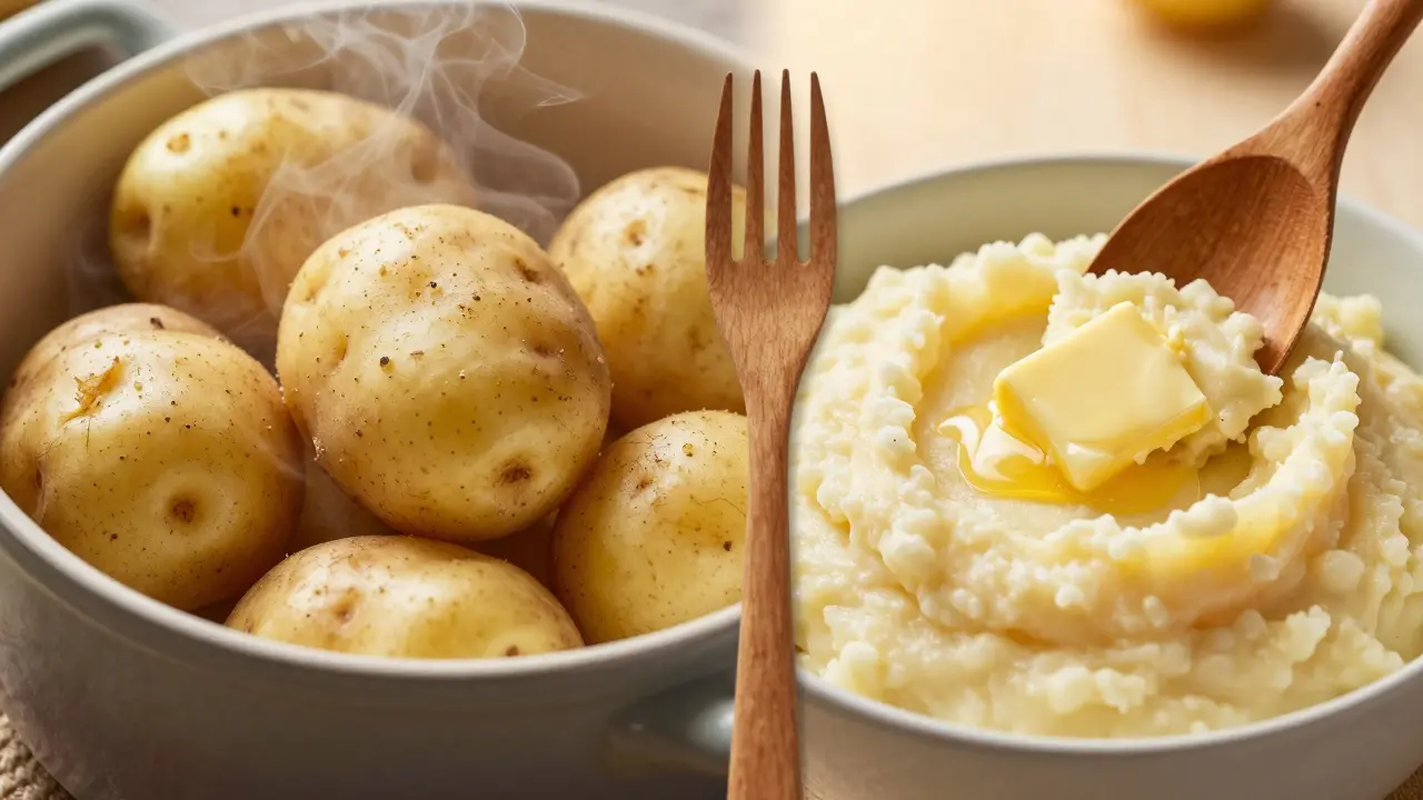 Dvě varianty vařených brambor: celé s kůrkou a rozpadlé na kaši s máslem.