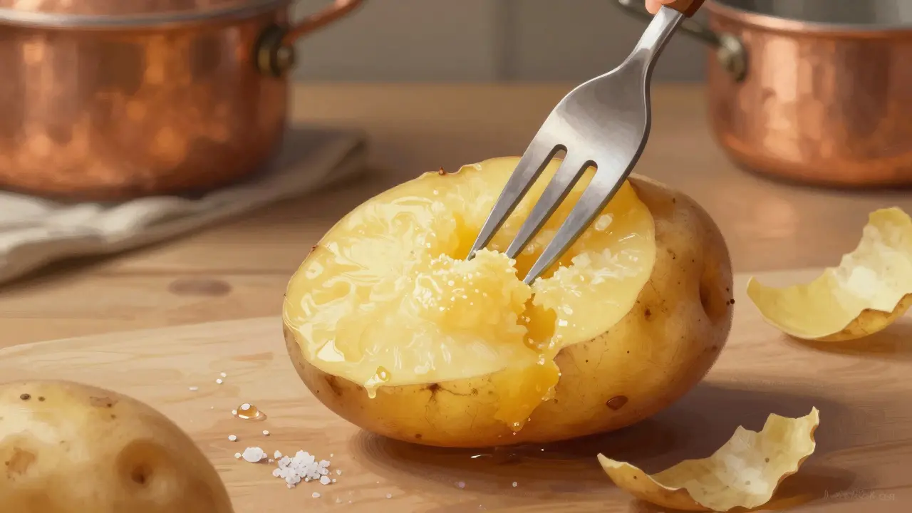 Klíčový okamžik testování brambor vidličkou — vnitřek je měkký a hladký.