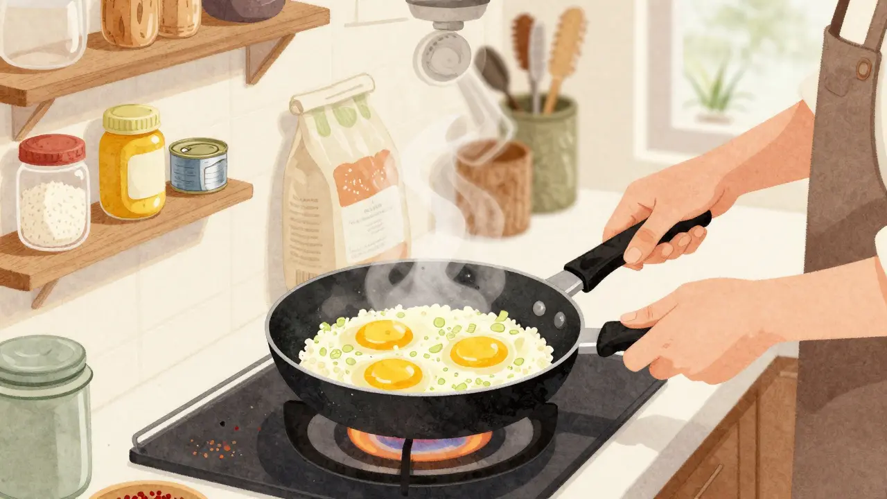 Osoba vaří vejce s rýží a česnekem na pánvi v malé kuchyni při teplém denním světle.