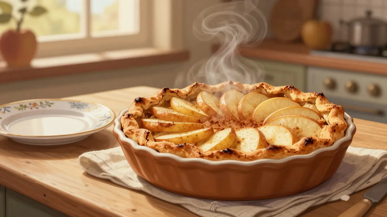 Pečený jablkový koláč se zlatou slupkou a výraznými kousky jablek.